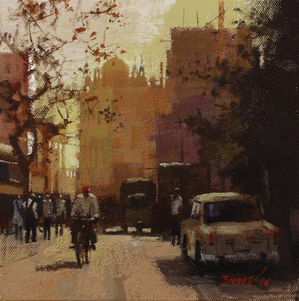 Cityscape acrylic painting titled 'Road stories 26', 6x8 inches, by artist Anwar Husain on Canvas