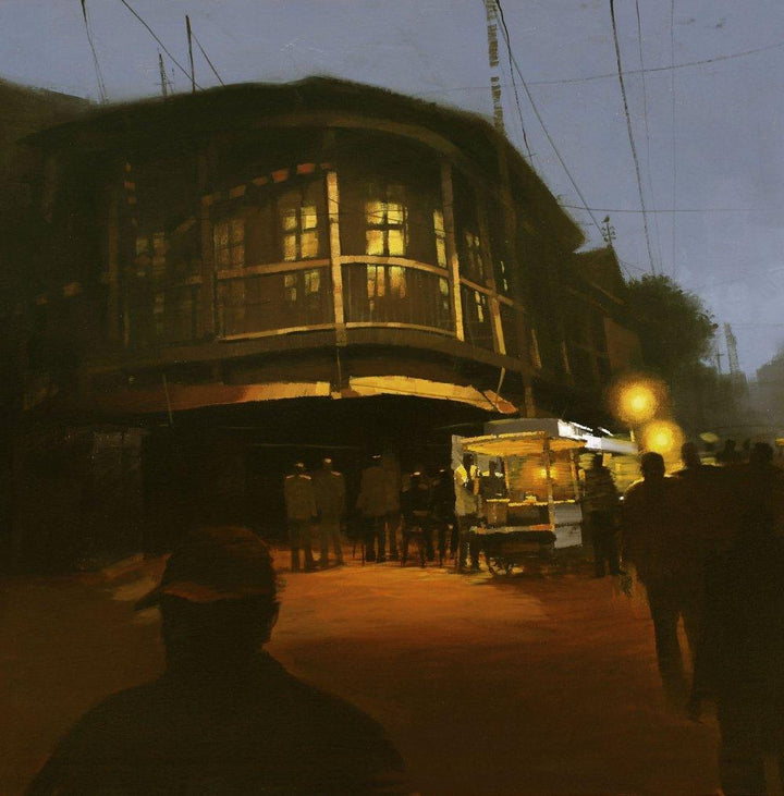 Cityscape acrylic painting titled 'Road stories 48', 30x30 inches, by artist Anwar Husain on Canvas