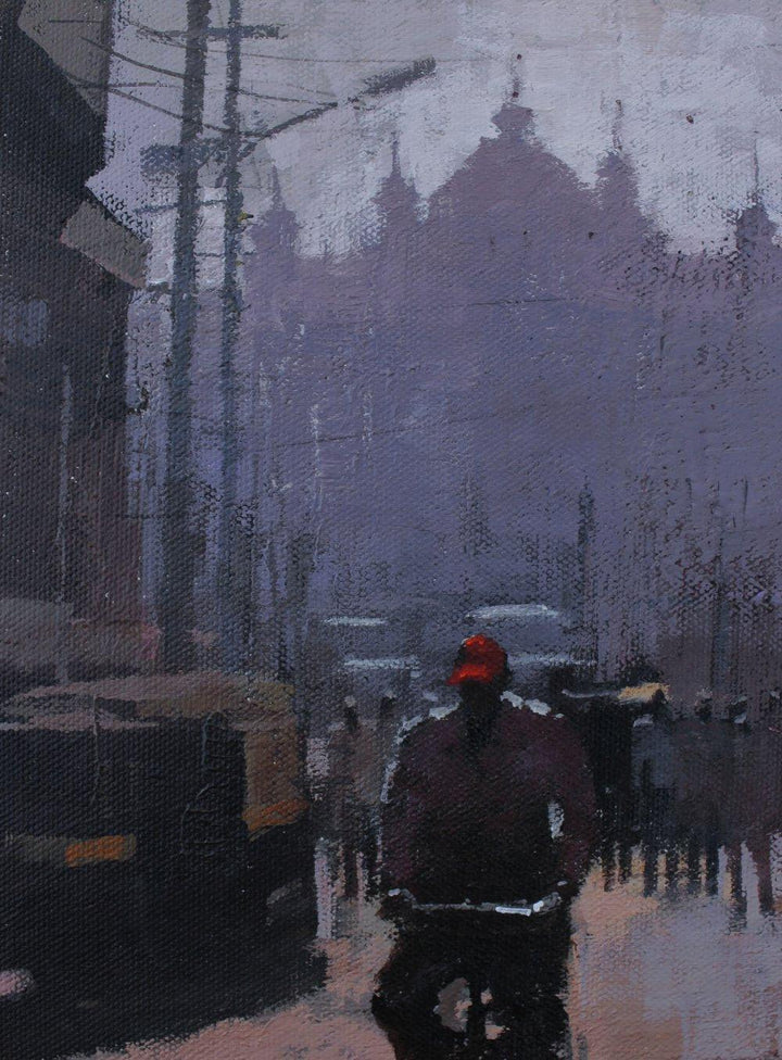 Cityscape acrylic painting titled 'Road stories 54', 6x8 inches, by artist Anwar Husain on Canvas