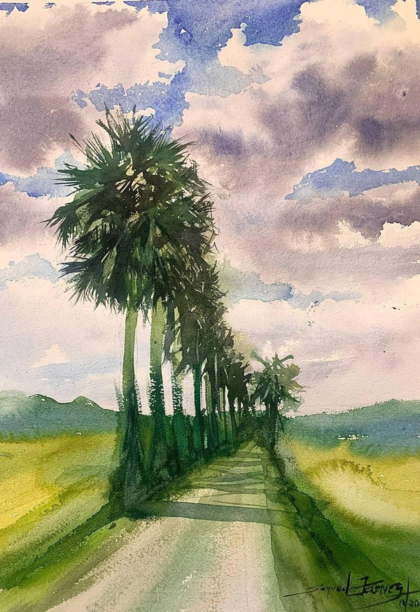 Landscape watercolor painting titled 'Road to Heaven', 11x15 inches, by artist KS Farvez on Paper