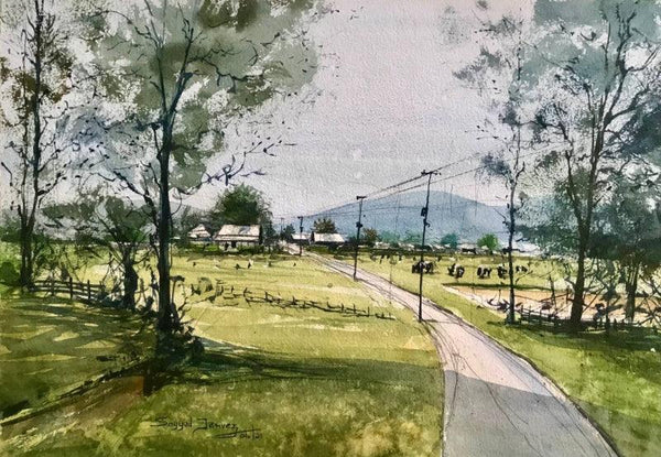 Landscape watercolor painting titled 'Road to Peace', 14x20 inches, by artist KS Farvez on Paper