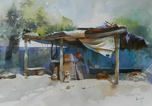 Cityscape watercolor painting titled 'Roadside Stall', 11x16 inches, by artist Bijay Biswaal on Paper