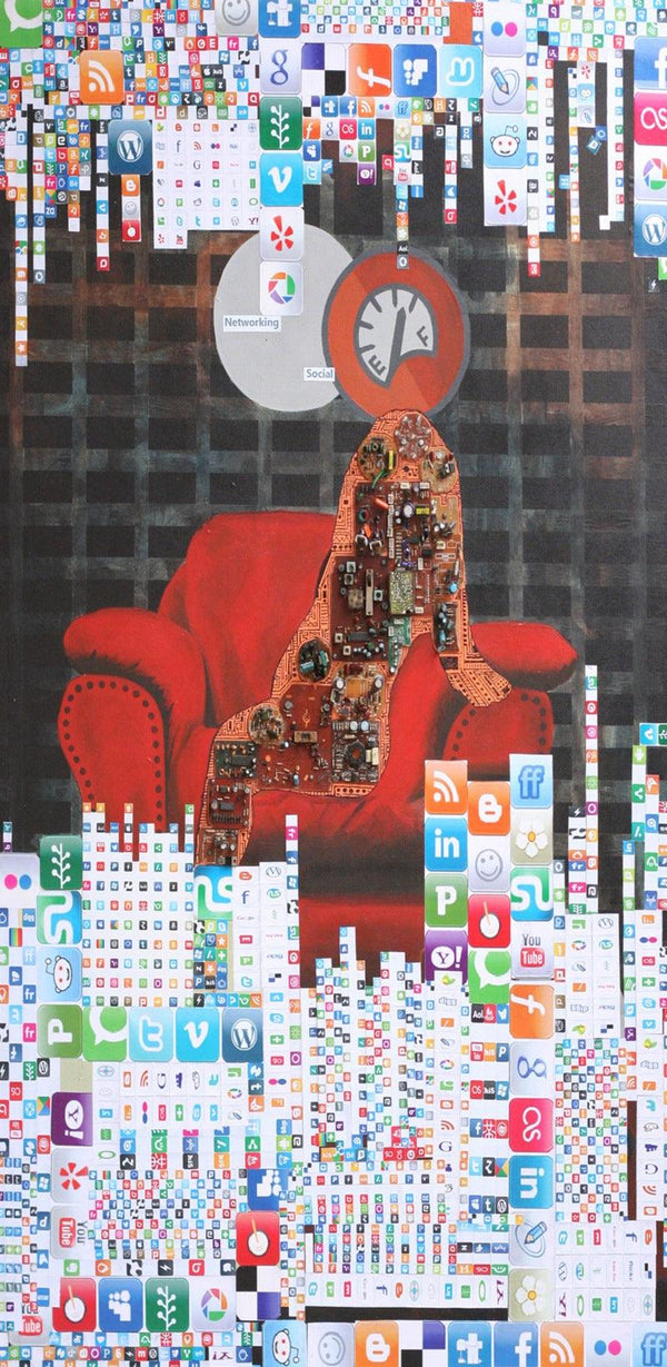 contemporary mixed media painting titled 'Robotic World 2', 30x24 inches, by artist Rajnarayan Santra on Canvas