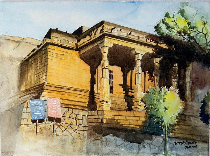 Landscape watercolor painting titled 'Rock Jain Temple', 15x11 inches, by artist Vivekanand Viswam on Paper