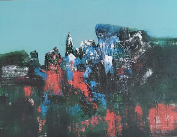 Abstract acrylic painting titled 'Rocks in the mountains', 48x36 inches, by artist Dnyaneshwar Dhavale on Canvas