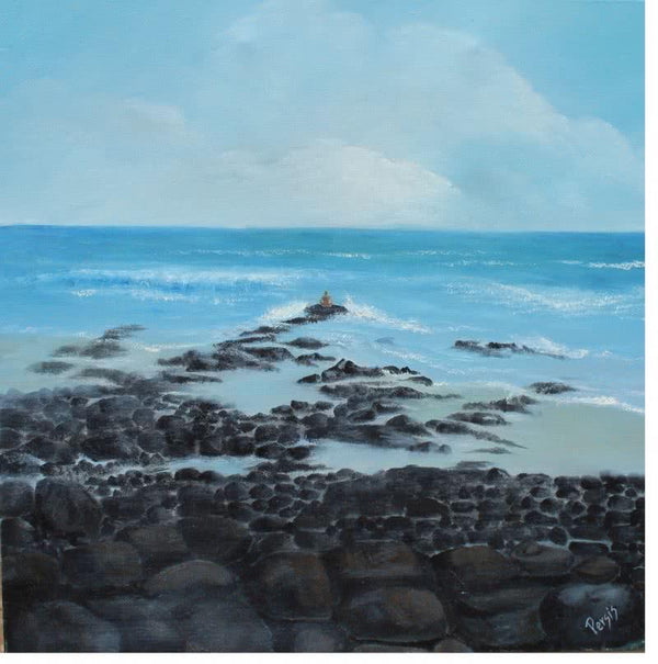 Landscape oil painting titled 'Rocky Beach', 24x24 inches, by artist Persis Chhapkhanawalla on Canvas