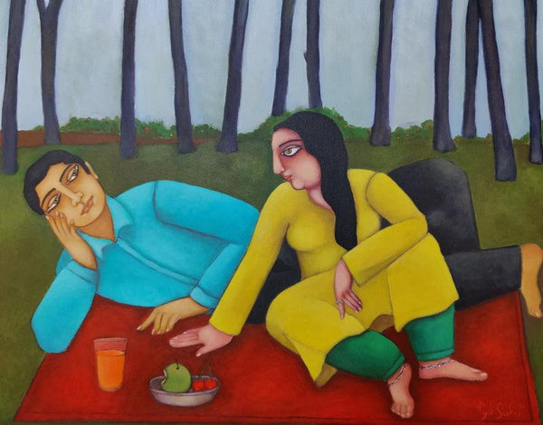 Figurative acrylic painting titled 'Romance In The Garden', 24x30 inches, by artist Piyali Sarkar on Canvas