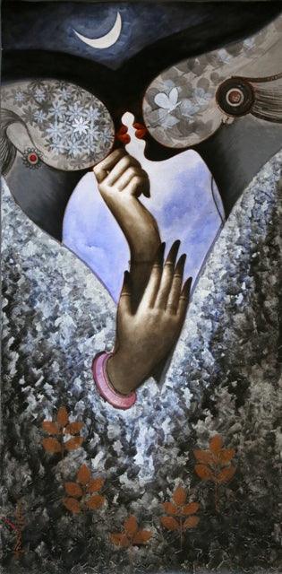 Figurative acrylic painting titled 'Romancing With The Moon', 36x18 inches, by artist Arabinda Samanta on Canvas