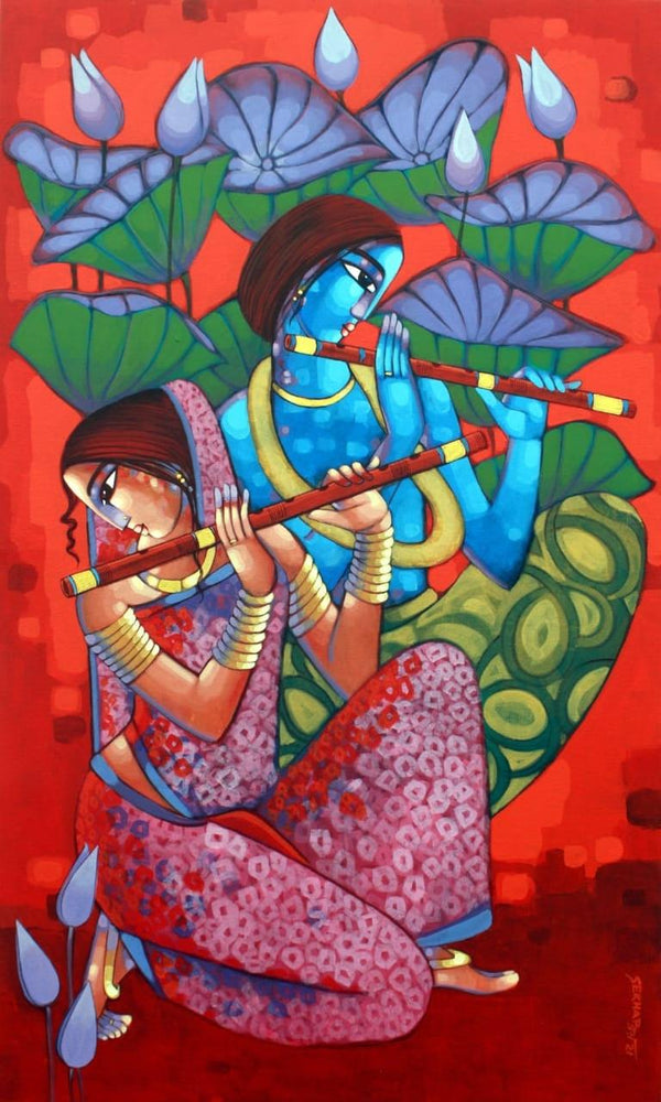 Figurative acrylic painting titled 'Romantic Couple 4', 60x36 inches, by artist Sekhar Roy on Canvas