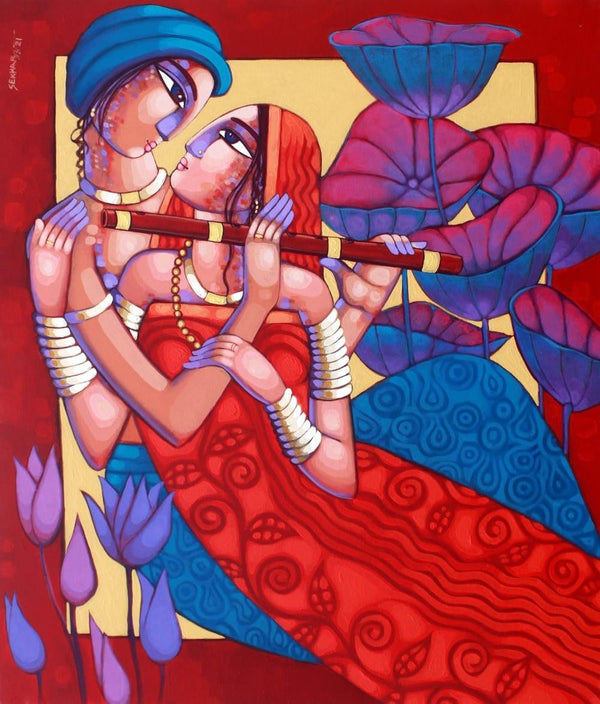 Figurative acrylic painting titled 'Romantic Couple 5', 42x36 inches, by artist Sekhar Roy on Canvas