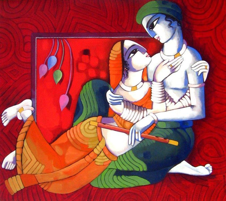 Figurative acrylic painting titled 'Romantic Couple 8', 48x54 inches, by artist Sekhar Roy on canvas