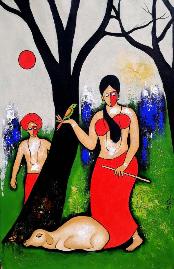 contemporary acrylic painting titled 'Romantic couple', 34x22 inches, by artist Chetan Katigar on Canvas