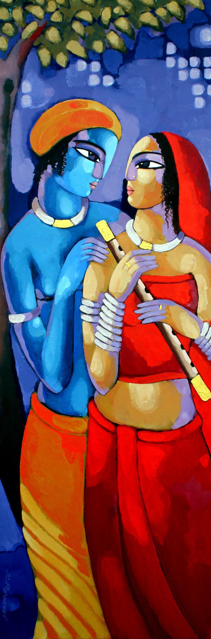 Figurative acrylic painting titled 'Romantic Couple IV', 72x36 inches, by artist Sekhar Roy on Canvas