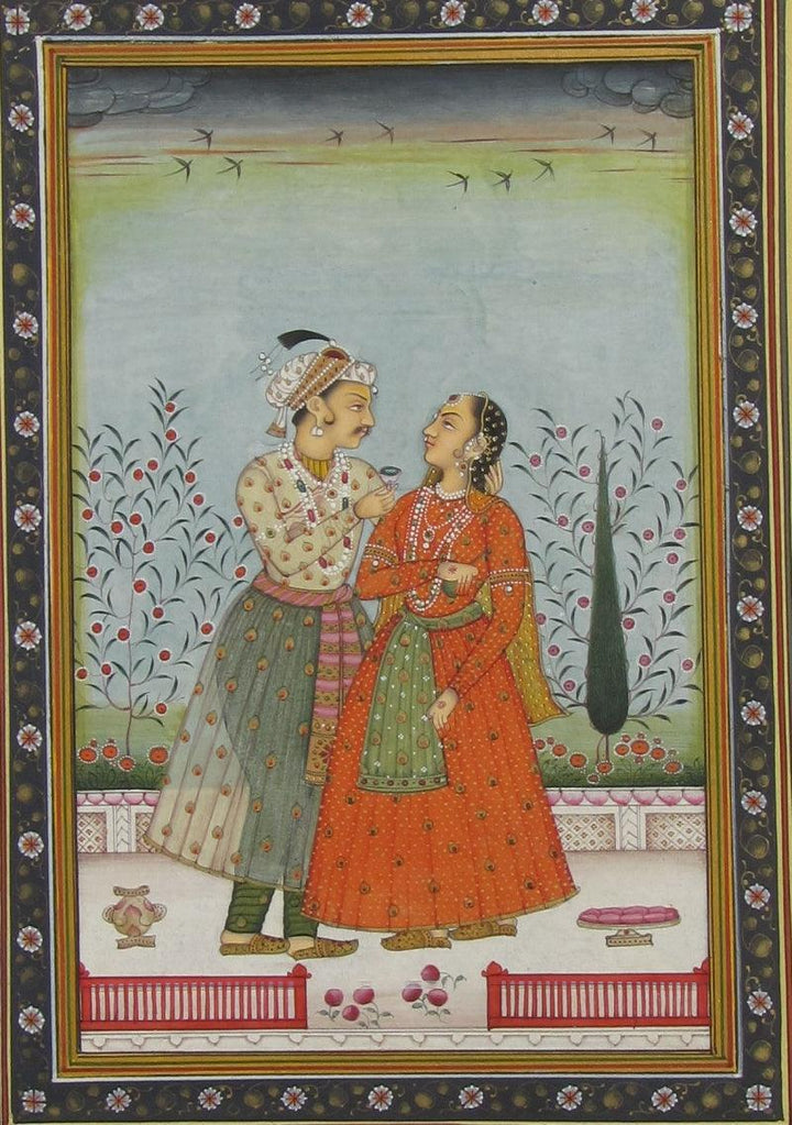 Figurative mughal traditional art titled 'Romantic Mughal Pair', 12x8 inches, by artist Unknown on Paper