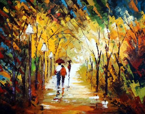 Nature oil painting titled 'Romantic Walk In The Rain', 20x16 inches, by artist Ganesh Panda on Canvas