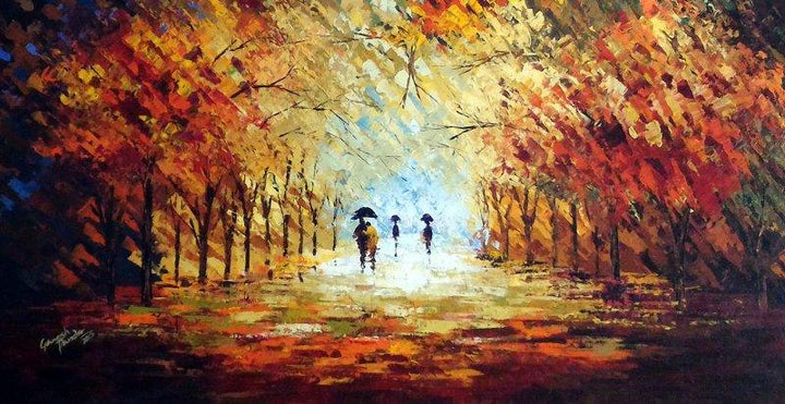 Nature acrylic painting titled 'Romantic Walk In The Rain Ii', 20x38 inches, by artist Ganesh Panda on Canvas