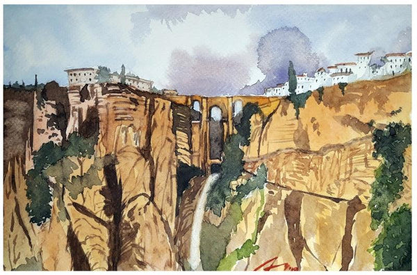 Cityscape watercolor painting titled 'Ronda Andalusia Spain', 7x11 inches, by artist Arunava Ray on Paper