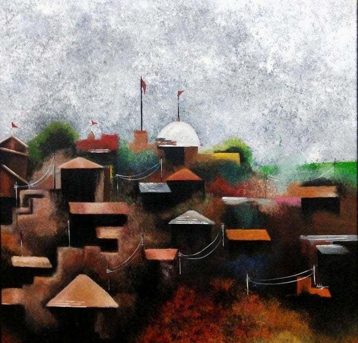 Landscape acrylic painting titled 'ROOF TOPS', 36x36 inches, by artist Ankita Dey Bhoumik on Canvas