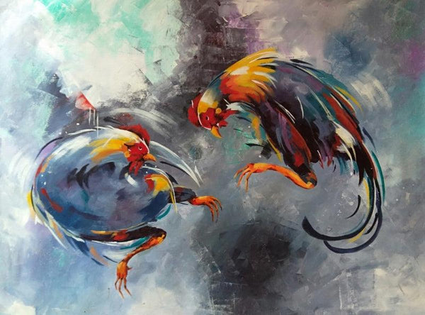 Animals acrylic painting titled 'Rooster Brawl', 27x38 inches, by artist Lisha N T on Canvas