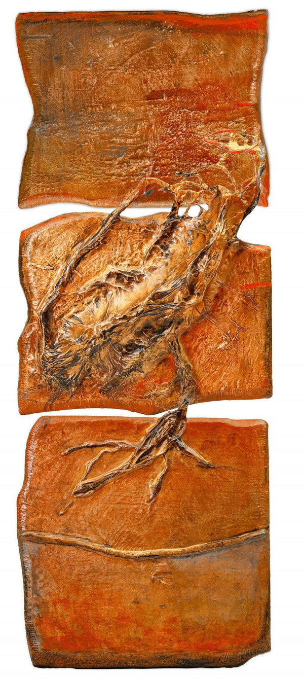 Abstract mixed media titled 'Roots And Pathway 12', 24x9 inches, by artist Ami Patel on Copper