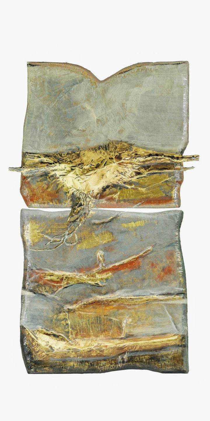 Abstract mixed media titled 'Roots And Pathway 2', 18x9 inches, by artist Ami Patel on Brass