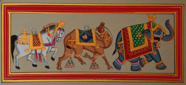 Figurative mughal traditional art titled 'Royal Animals 1', 5x12 inches, by artist Unknown on Paper