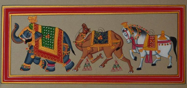 Figurative mughal traditional art titled 'Royal Animals 2', 5x12 inches, by artist Unknown on Paper