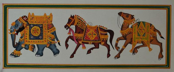 Figurative mughal traditional art titled 'Royal Animals Decked With Gold Ornaments', 5x13 inches, by artist Unknown on Paper