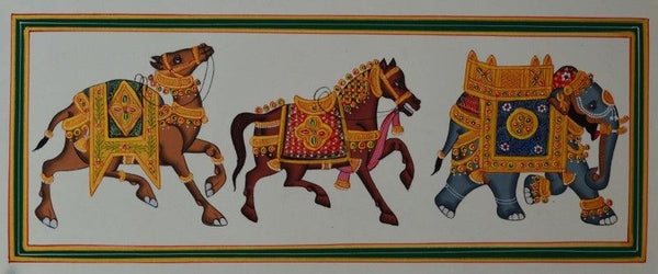 Figurative mughal traditional art titled 'Royal Animals With Gold Jewellery', 5x13 inches, by artist Unknown on Paper