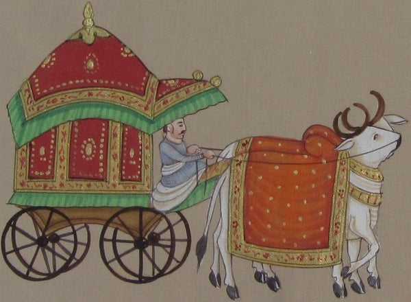 Figurative miniature traditional art titled 'Royal Bull Cart', 4x6 inches, by artist Unknown on Paper