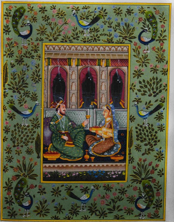 Figurative mughal traditional art titled 'Royal Couple', 12x9 inches, by artist Unknown on Silk