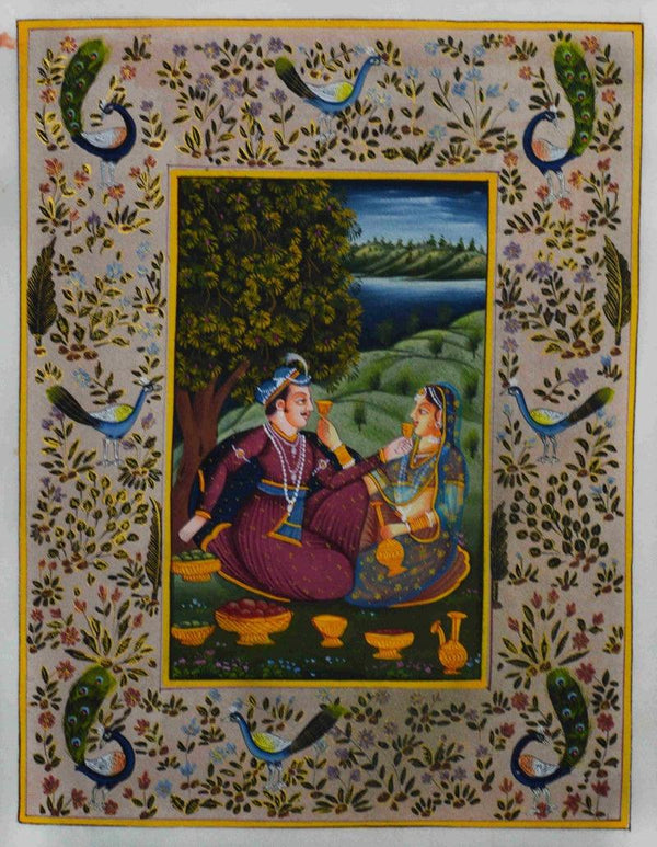 Figurative mughal traditional art titled 'Royal Couple In Lawn', 12x9 inches, by artist Unknown on Silk