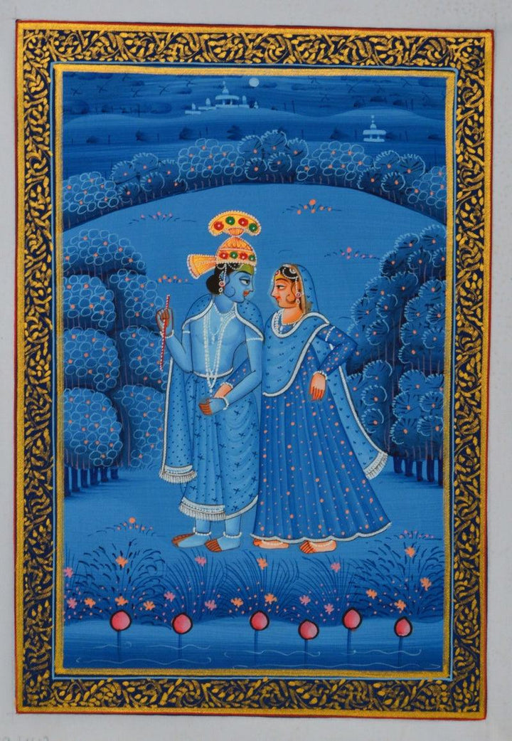 Religious miniature traditional art titled 'Royal Couple In Lawn At Midnight', 8x6 inches, by artist Unknown on Silk