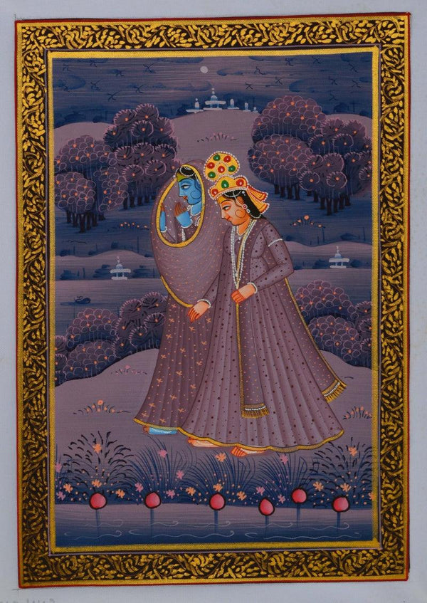 Religious miniature traditional art titled 'Royal Couple In Lawn At Night', 8x6 inches, by artist Unknown on Silk