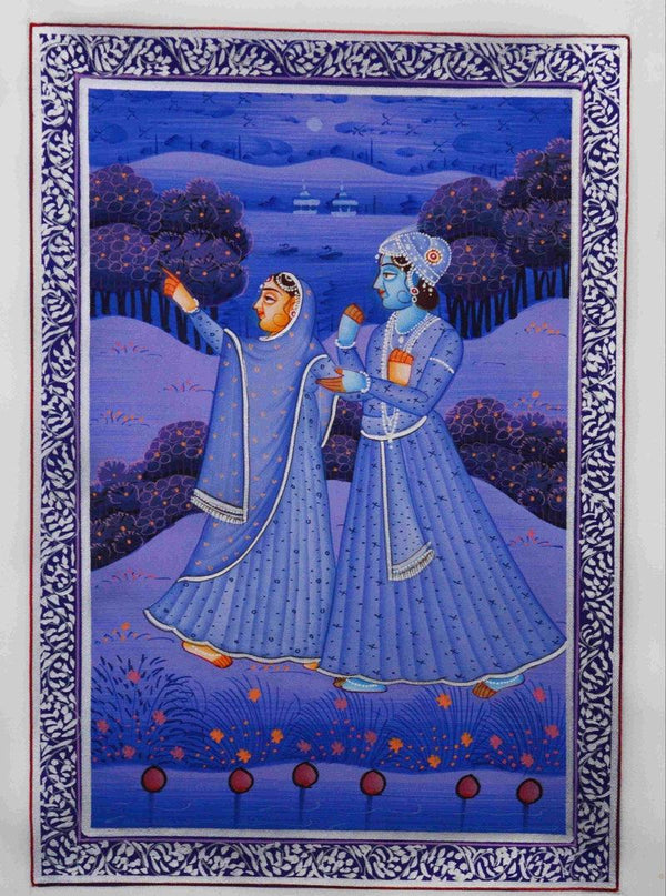 Figurative mughal traditional art titled 'Royal Couple Moments', 9x7 inches, by artist Unknown on Silk