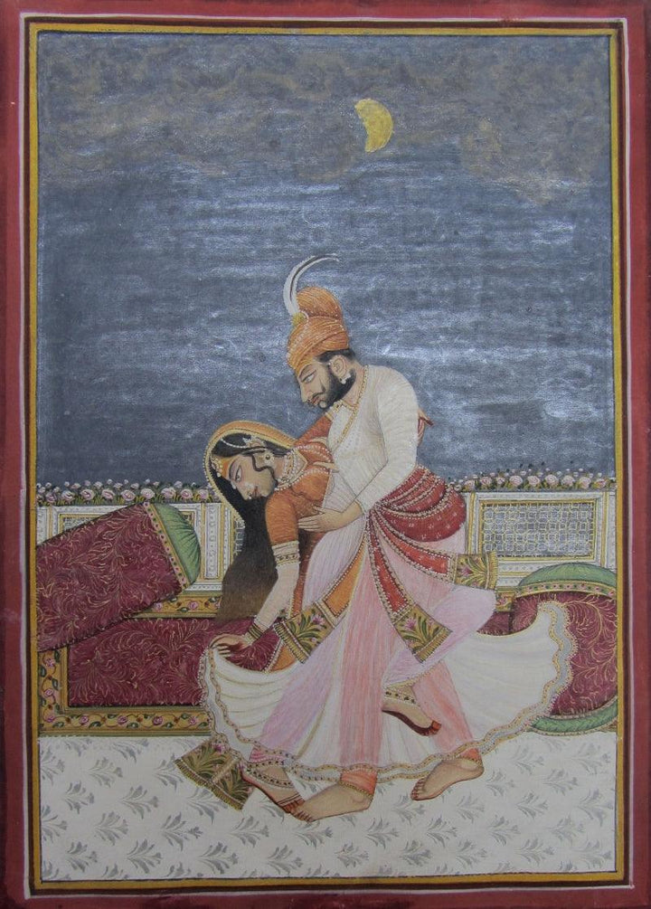 Figurative mughal traditional art titled 'Royal Couple Romancing', 9x7 inches, by artist Unknown on Paper