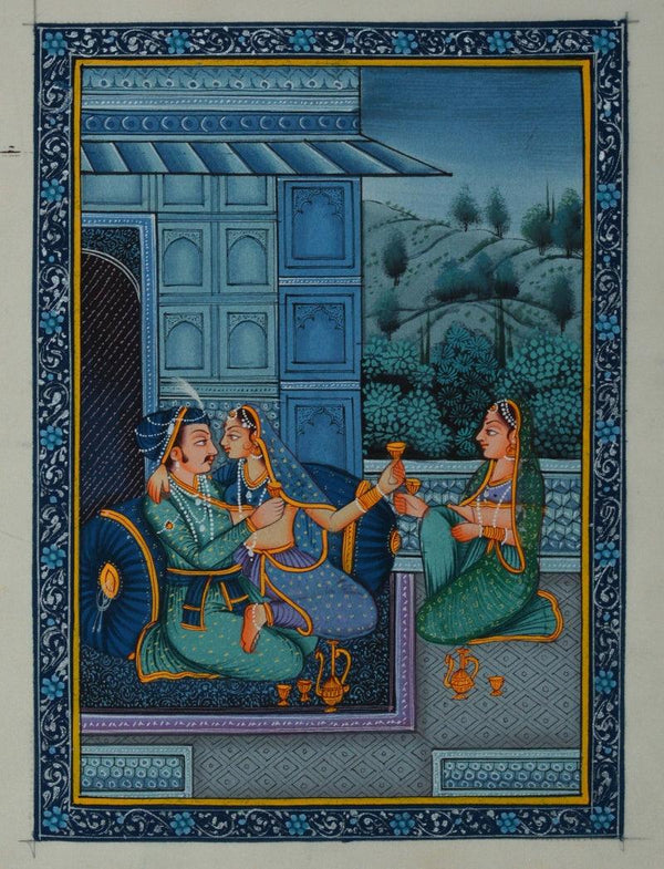 Figurative mughal traditional art titled 'Royal Couple Romantic Scene', 8x6 inches, by artist Unknown on Silk