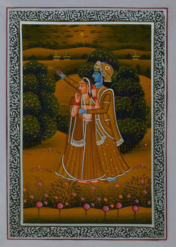 Religious miniature traditional art titled 'Royal Couple Sweet Moment', 8x6 inches, by artist Unknown on Silk