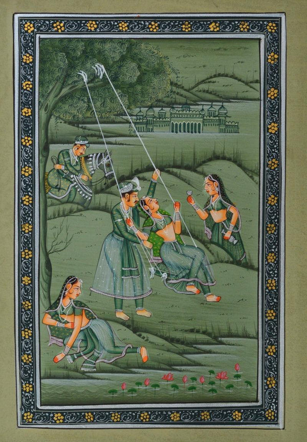 Figurative mughal traditional art titled 'Royal Couple Swinging With Sevika 1', 10x6 inches, by artist Unknown on Silk