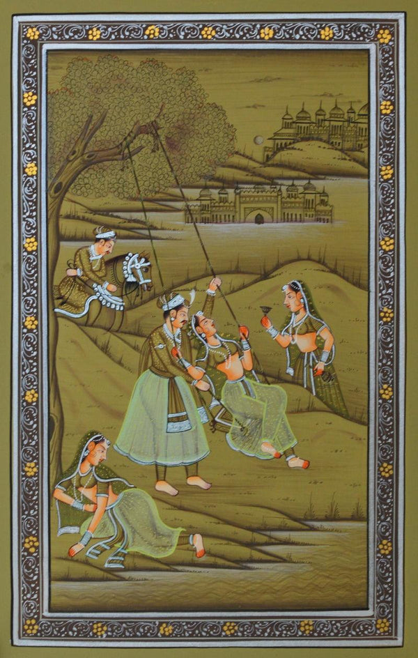 Figurative mughal traditional art titled 'Royal Couple Swinging With Sevika 2', 10x6 inches, by artist Unknown on Paper