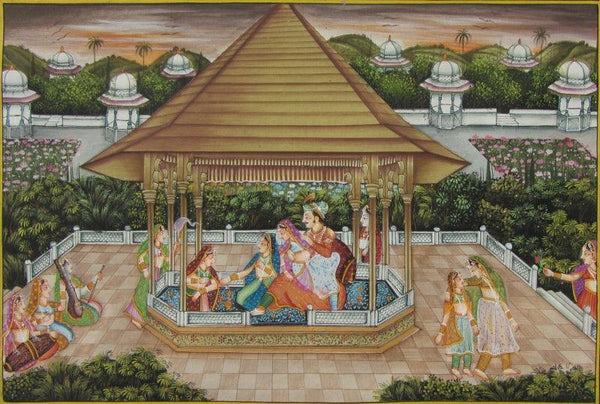 Figurative mughal traditional art titled 'Royal Courtyard Scene', 9x13 inches, by artist E Craft on Silk