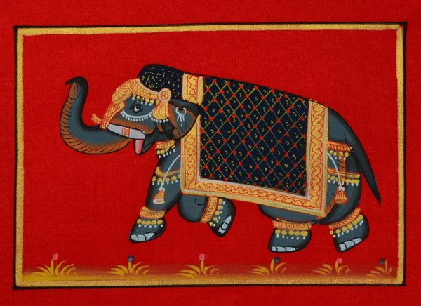 Animals miniature traditional art titled 'Royal Elephant 1', 4x6 inches, by artist Unknown on Silk