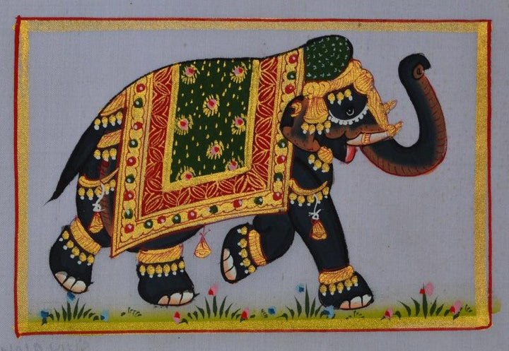 Animals miniature traditional art titled 'Royal Elephant 3', 4x6 inches, by artist Unknown on Silk