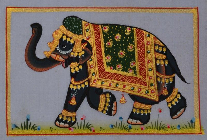 Animals miniature traditional art titled 'Royal Elephant 4', 4x6 inches, by artist Unknown on Silk