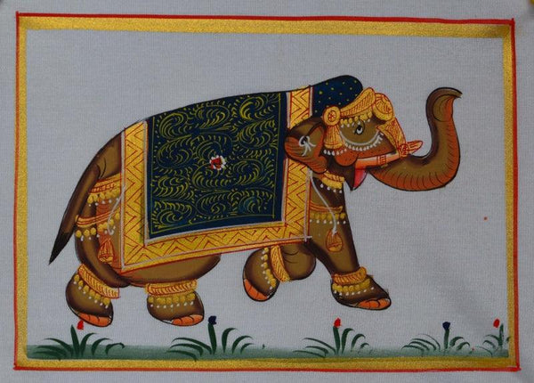 Animals miniature traditional art titled 'Royal Elephant 5', 4x6 inches, by artist Unknown on Silk