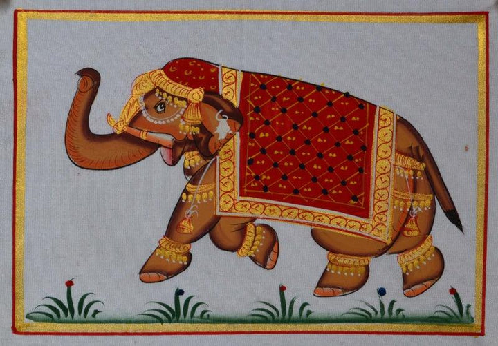 Animals miniature traditional art titled 'Royal Elephant 6', 4x6 inches, by artist Unknown on Silk