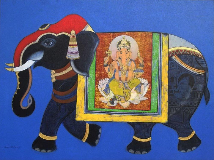 Religious acrylic painting titled 'Royal Elephant', 36x48 inches, by artist Ashok Rathod on Canvas