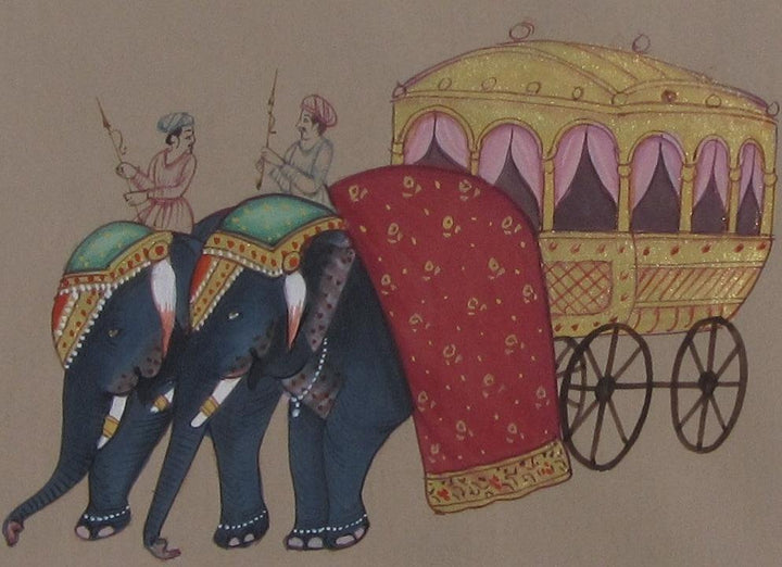 Figurative mughal traditional art titled 'Royal Elephant Cart', 4x6 inches, by artist Unknown on Paper