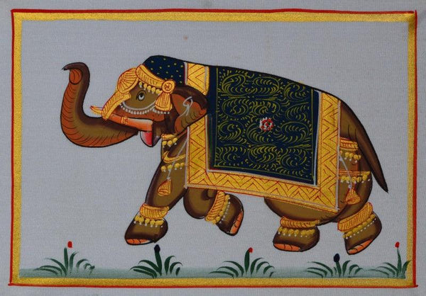 Animals miniature traditional art titled 'Royal Elephant In Lawn 1', 4x6 inches, by artist Unknown on Silk