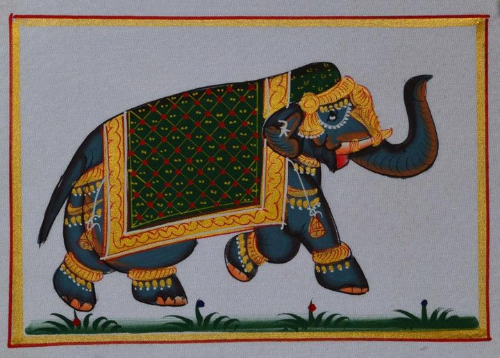 Animals miniature traditional art titled 'Royal Elephant In Lawn 2', 4x6 inches, by artist Unknown on Silk